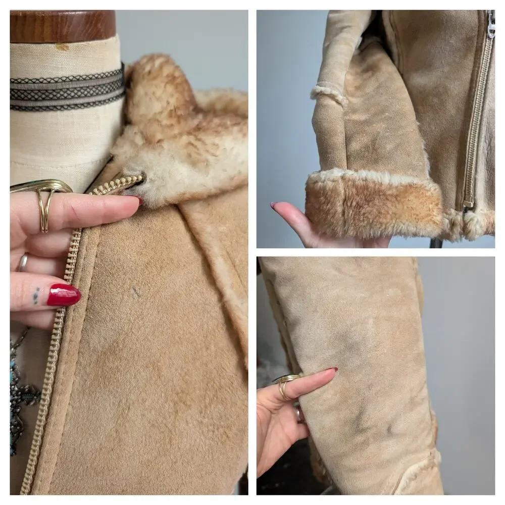 Vintage Tan Suede Shearling Coat Brown Wool Jacket Boho Chic Fur Coat Hood XS - Picture 10 of 12